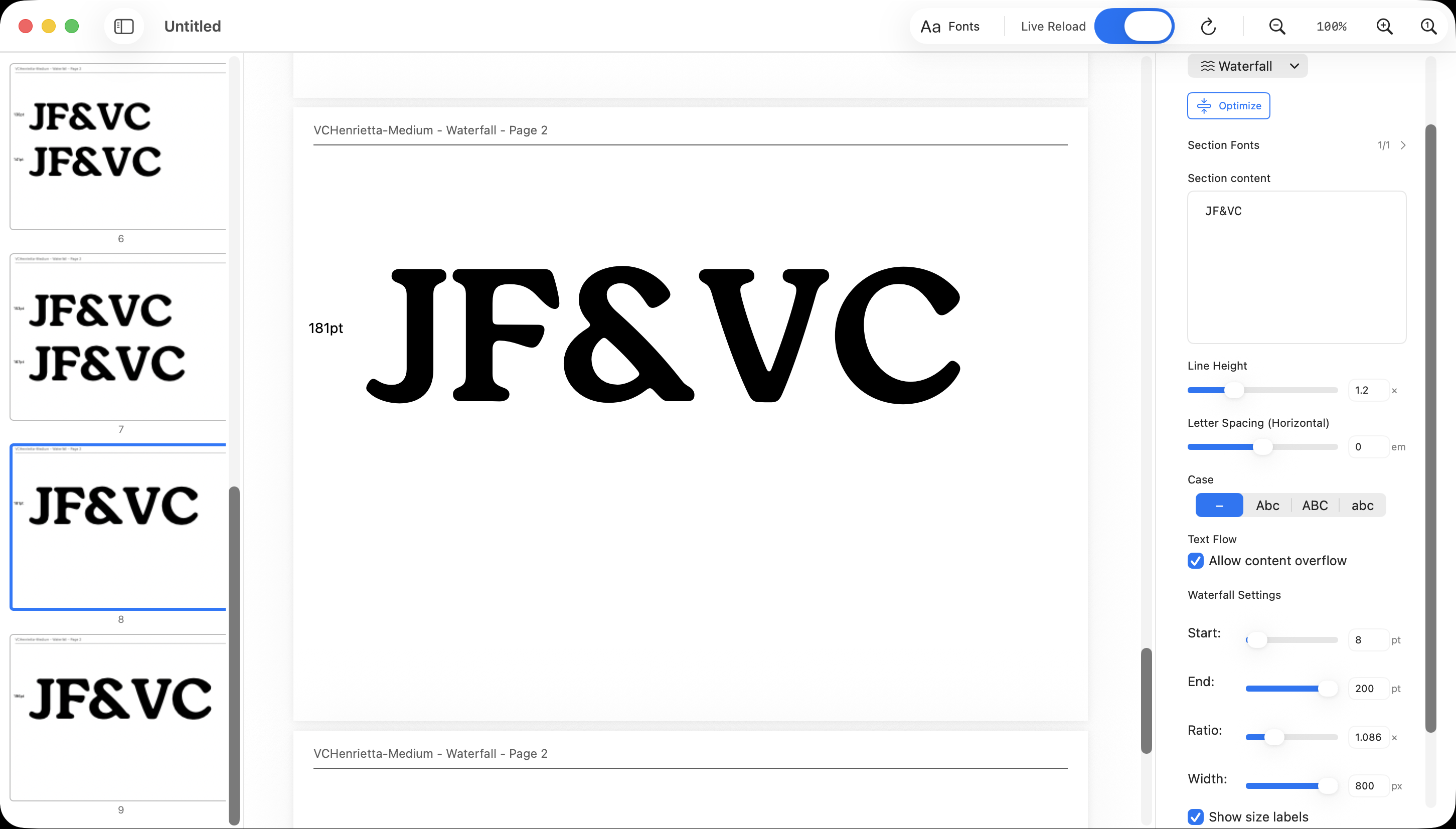 Font Proof app interface showing multiple font comparisons