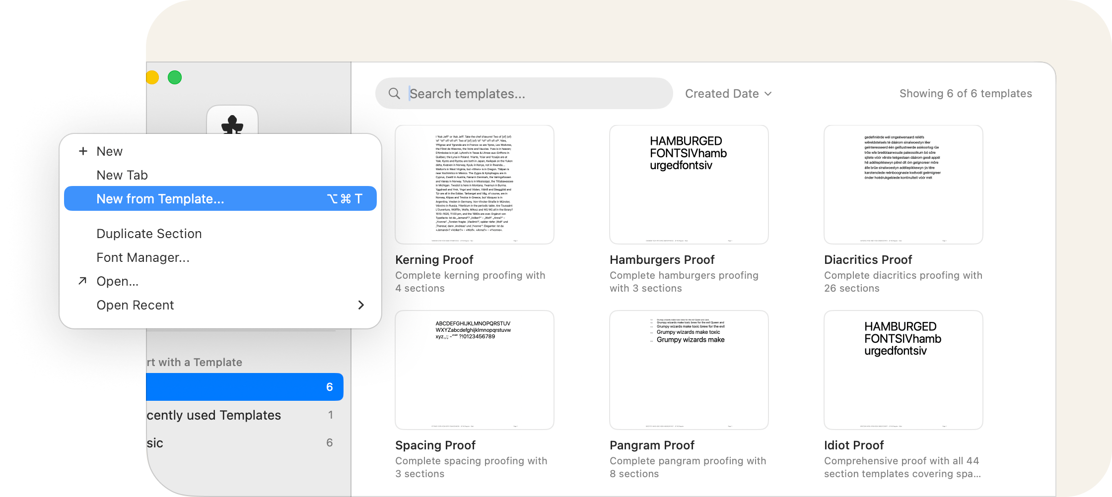 Proof templates in Font Proof